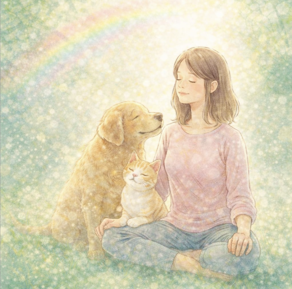 アニマルコミュニケーションで瞑想する女性と寄り添う犬（ゴールデンレトリバー）と猫